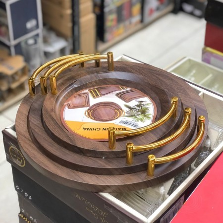 طقم صواني خشب بامبو بني ثقيل مدور حفة صغيرة مع يد ذهبي 3 قطع 40 سم - 35 سم - 30 سم طقم صواني خشب بامبو بني ثقيل مدور حفة صغيرة مع يد ذهبي 3 قطع 40 سم - 35 سم - 30 سم